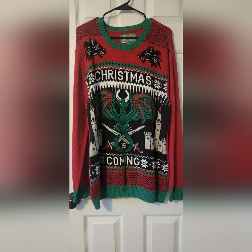 Ugly Christmas Sweater Red and Black Dragon Crewneck